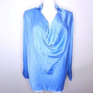Cowl Neck Long Sleeve Pull Over Satin Top Blouse Blue Plus Sz XXL